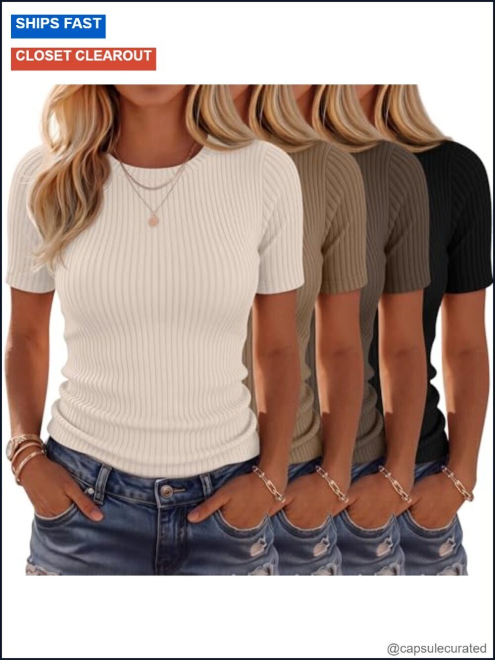 4 Pack Cotton Ribbed T-Shirts Short Sleeve Fitted Crew Neck Casual Tees